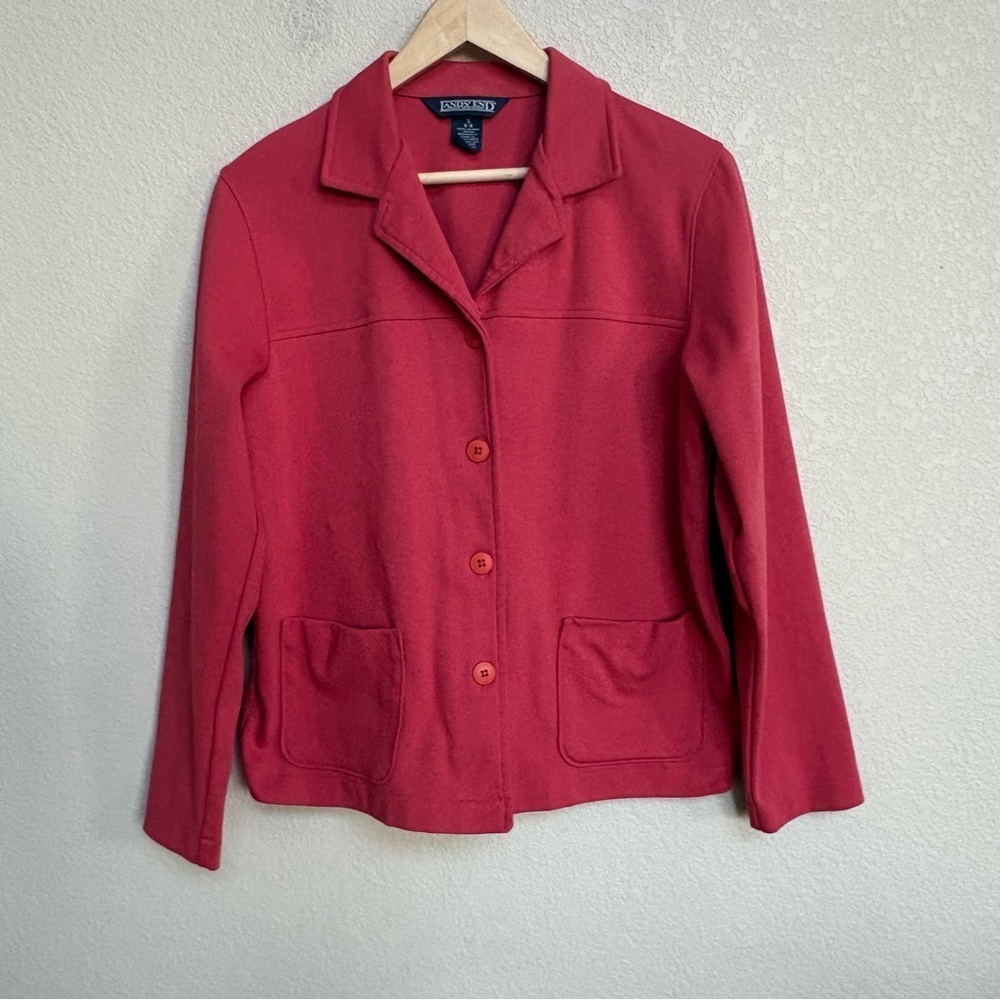 Lands’‎ End Women’s Pink Coral Cotton Knit Blazer Jacket Patch Pockets Small
